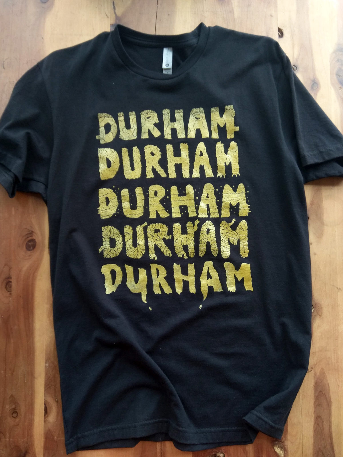 Durham North Carolina Monster Letters Gold Screen Printed on Black T-shirt