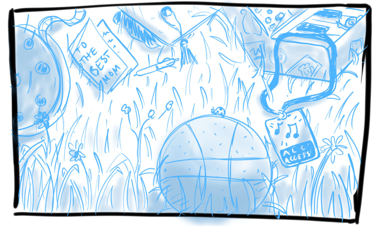 initial digital blue pencil sketch for the Discover Durham 2018 Spring Activity Guide depicting a ground view in grass with various items strewn about including a basketball, music festival pass, film strip and pamphlet, and a graduation cap