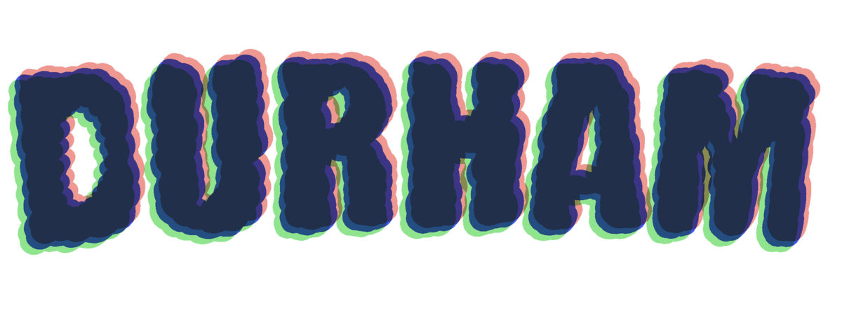 red green blue 3D-like hand drawn text of the word "DURHAM"