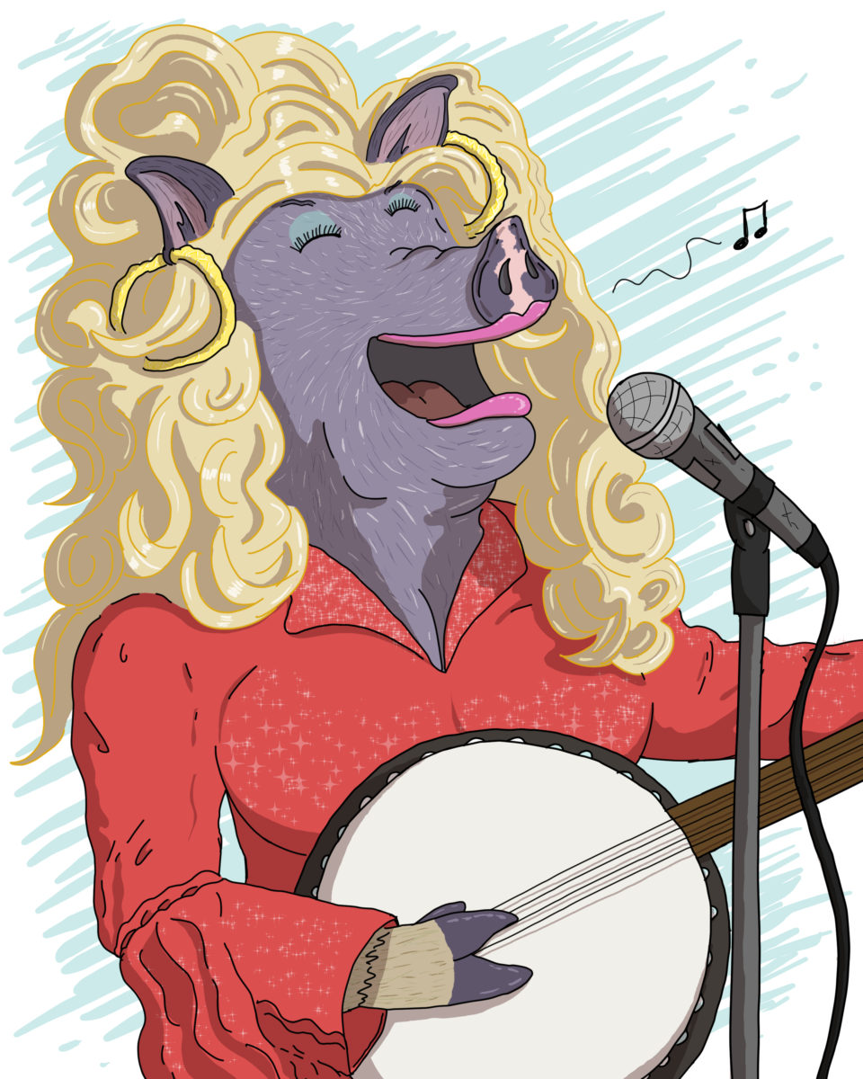 Pet portrait of a pig named Jolene styled to look like Dolly Parton