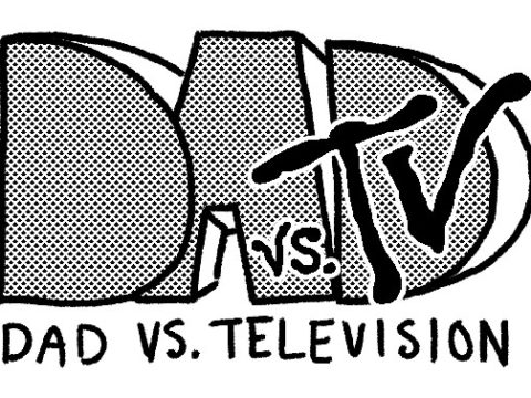 black and white logo of "Dad vs. TV" with "DAD VS. TELEVISION" text below