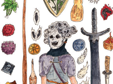 ink and watercolor illustration of a dark souls avatar with their inventory items displayed around them on the page